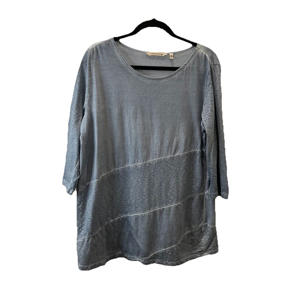 Soft Surroundings Blue Mineral Wash Tiered 3/4 Sleeve Top Womens Size M